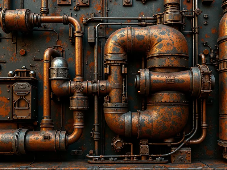 (((A hydraulic system))) , (((complex machinery))) made with forged steel, Rusty, with pipes, hoses without metal parts. Dark and warm tones, metals. Futuristic high-tech environment, silicon,  technology , strength, can. ((Wide angle shot 15mm)) (((shot f...
