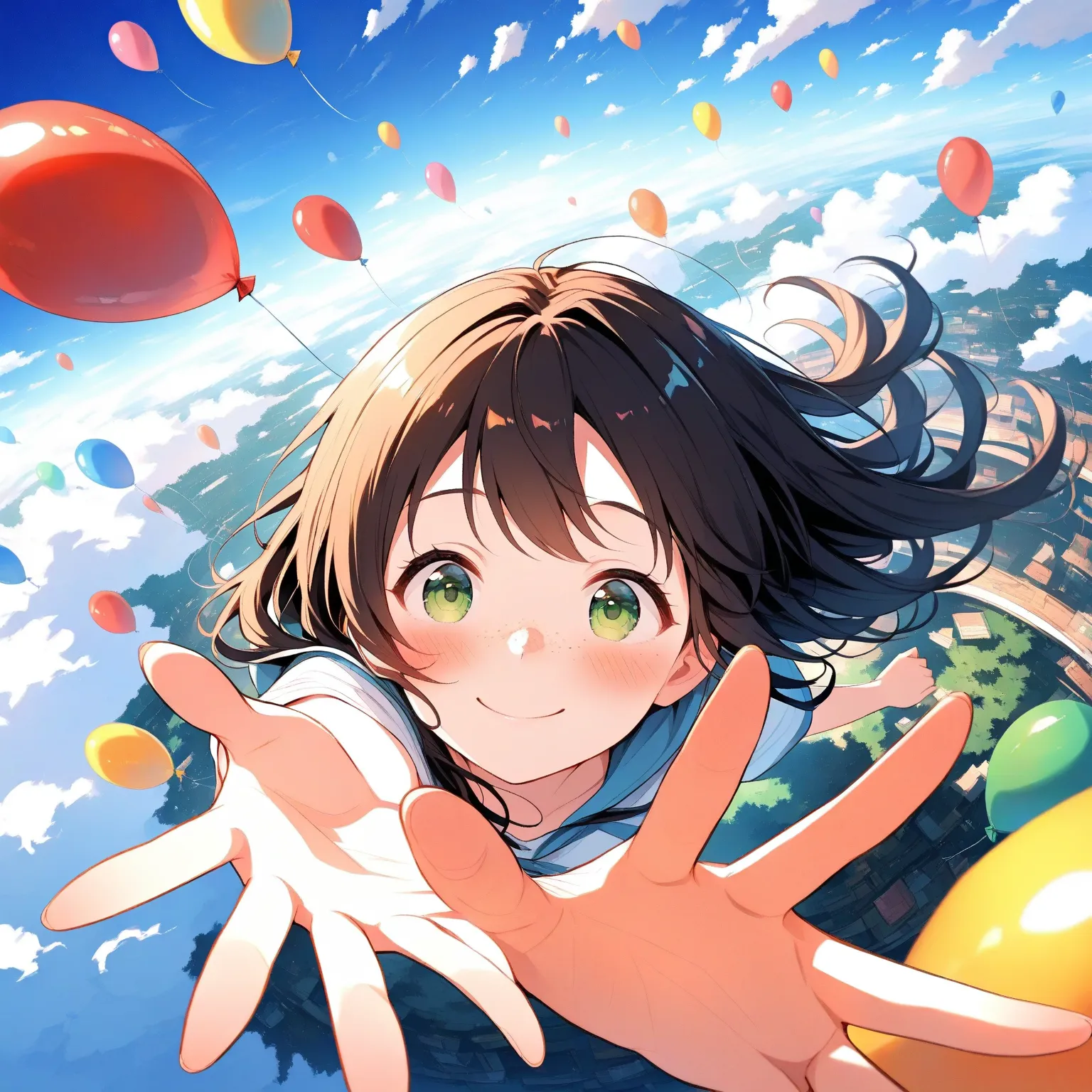 figure falls down：1.37.girl from a glider perspective, green eyes,happy smile-blush，freckle，，, outstretched arm,outstretched hand,reaching,reaching out。Sky，blue sky and white clouds，Colorful balloons。Rotate the image 180 degrees