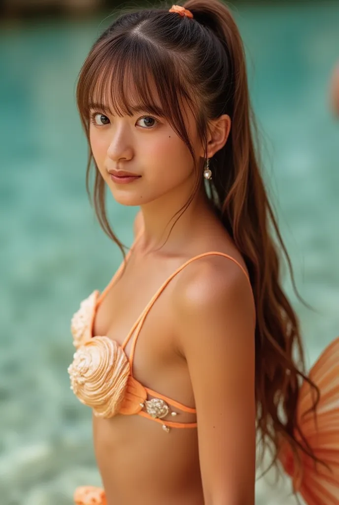 A beautiful European mermaid。light brown hair with bangs {x} wears a ponytail、is tied with a white pearl ring。Wears an orange seashell bra、has an orange mermaid tail。has light brown eyes。