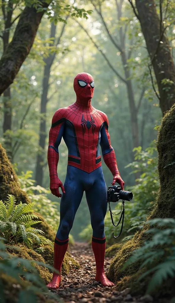 Spiderman surprised with a camera in his hand in a forest,  ultra real and professional images