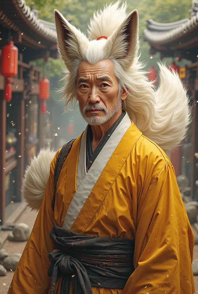 Gumiho, 9 ears, 9 ears, human male in his 40s with a tail, Wrinkles around the eyes ,Yellow traditional Japanese costume,Japanese background,Very handsome appearance, anime style