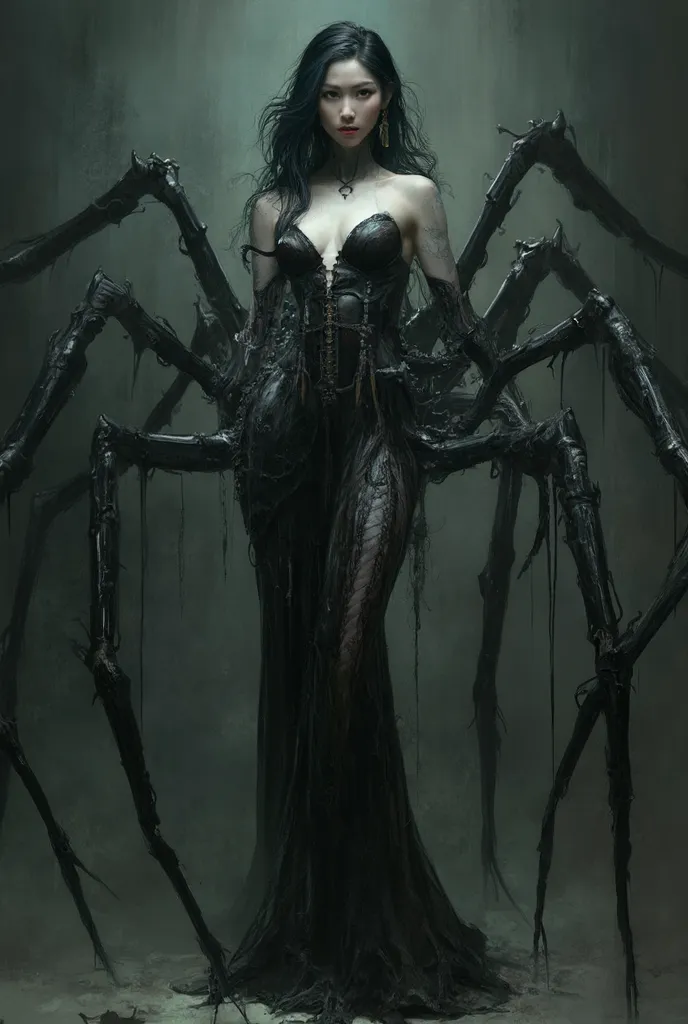 A Asian woman half human half spider black widow 