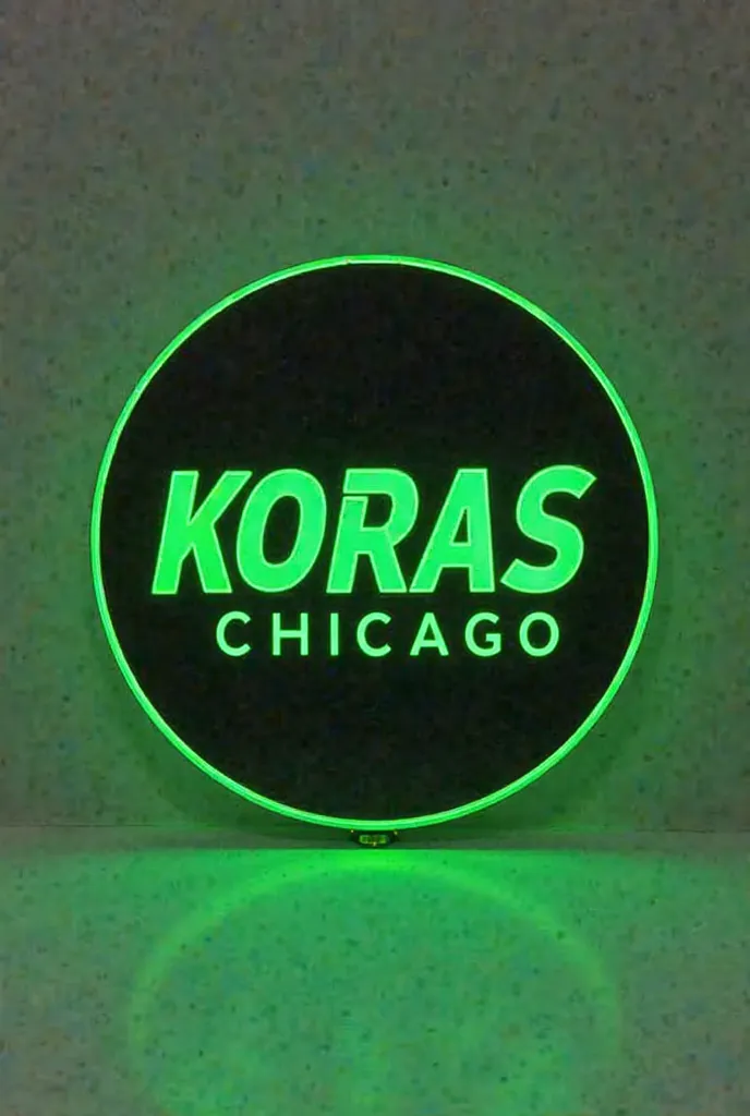 Create a shield for a soccer team called "KORAS CHICAGO" that it is round,simple and with the neon green letters