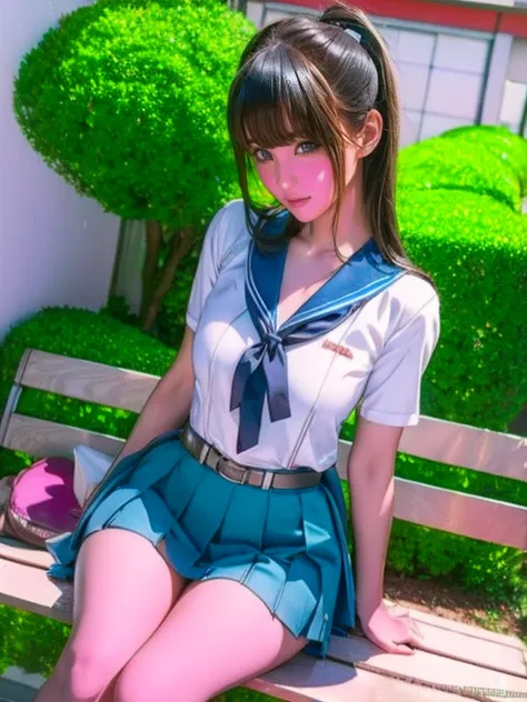    blue Asian woman in white uniform in strict uniform is posing on a bench,   high school girl uniform,  Japanese Language School Uniforms,  Japanese Language School Uniformsを着ている,    the principal is wearing a uniform    , 超  Manga inspired by actual hig...