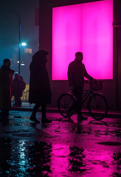Cinematic photography, eye-level view of a rainy urban street at night, wet pavement reflecting the vibrant pink neon glow of a digital billboard. Silhouettes of pedestrians walk past, slightly blurred, creating a sense of motion. A bicycle is parked again...