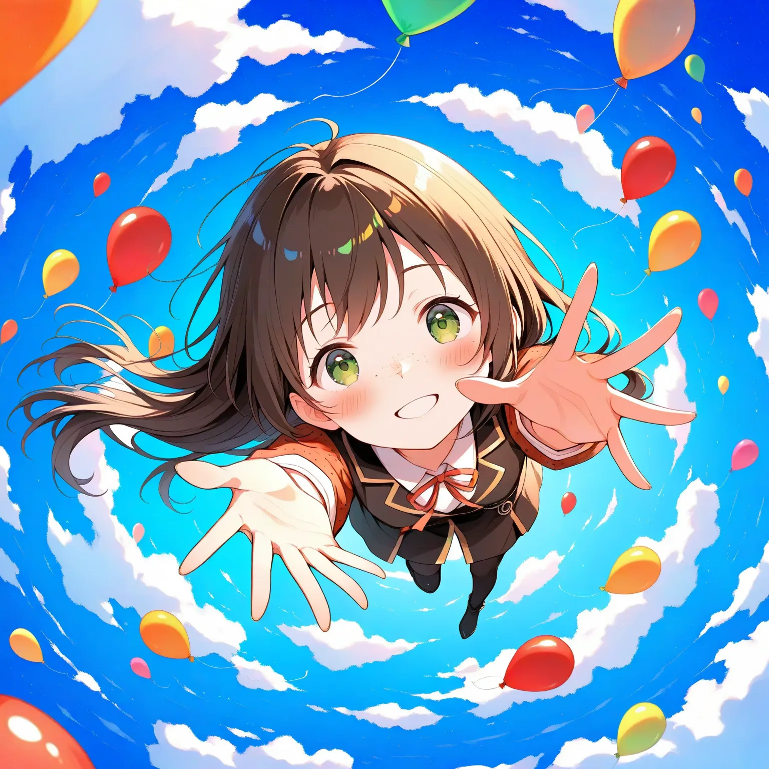 figure falls down：1.37. girl, green eyes,happy smile-blush，freckle，，, outstretched arm,outstretched hand,reaching,reaching out。Sky，blue sky and white clouds，Colorful balloons。Rotate the image 180 degrees