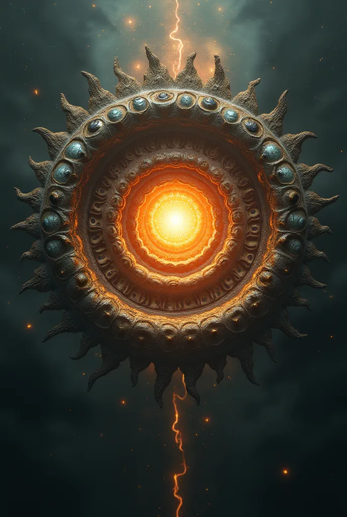 a ring full of eyes like an ophanim or thrones, then inside the ring has a sun like burning dire