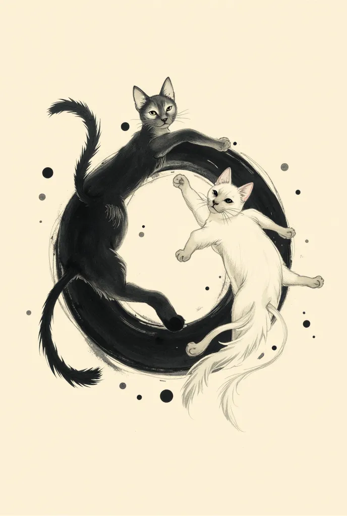 logo. yin yang with black part in top left and white bottom rigth , the couple of Cats  move around the curcle in the same way . High Resolution , Detail , High Details , Simple background ,