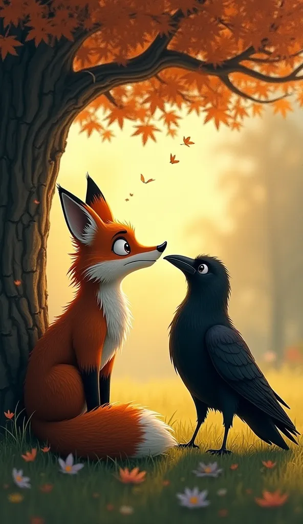 A cunning fox standing below the tree, speaking sweetly to the crow. The fox's eyes are wide, and it has a charming smile. The crow is looking slightly confused but interested. The atmosphere is friendly yet suspicious."