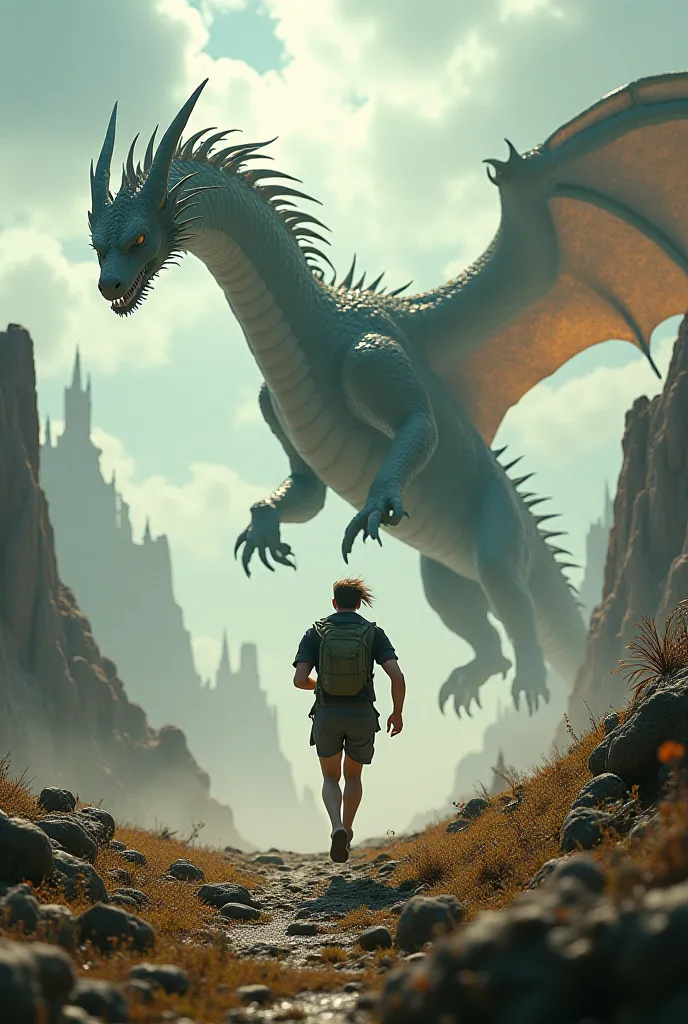 Make this image alive by turning it into video, hes running then ride a dragon while roaming around. 