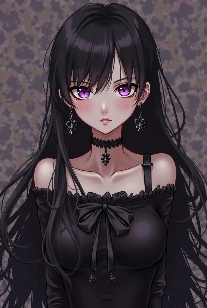 Please, Create a female character in the style of One Piece, with long black hair with bangs, purple eyes and black earrings, I want her to wear a gothic dress and have a more gothic style,  but not so exaggerated  