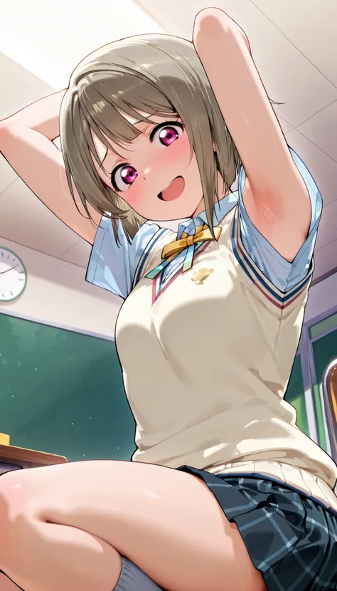 nakasu kasumi, asymmetrical hair, short hair, small breasts, single sidelock,
short sleeves, sweater vest, summer uniform, nijigasaki academy school_uniform,
,BREAK, armpit, arms over head, focus on armpit,
smile, ,scorn,open mouth, (cheerful),looking dow...