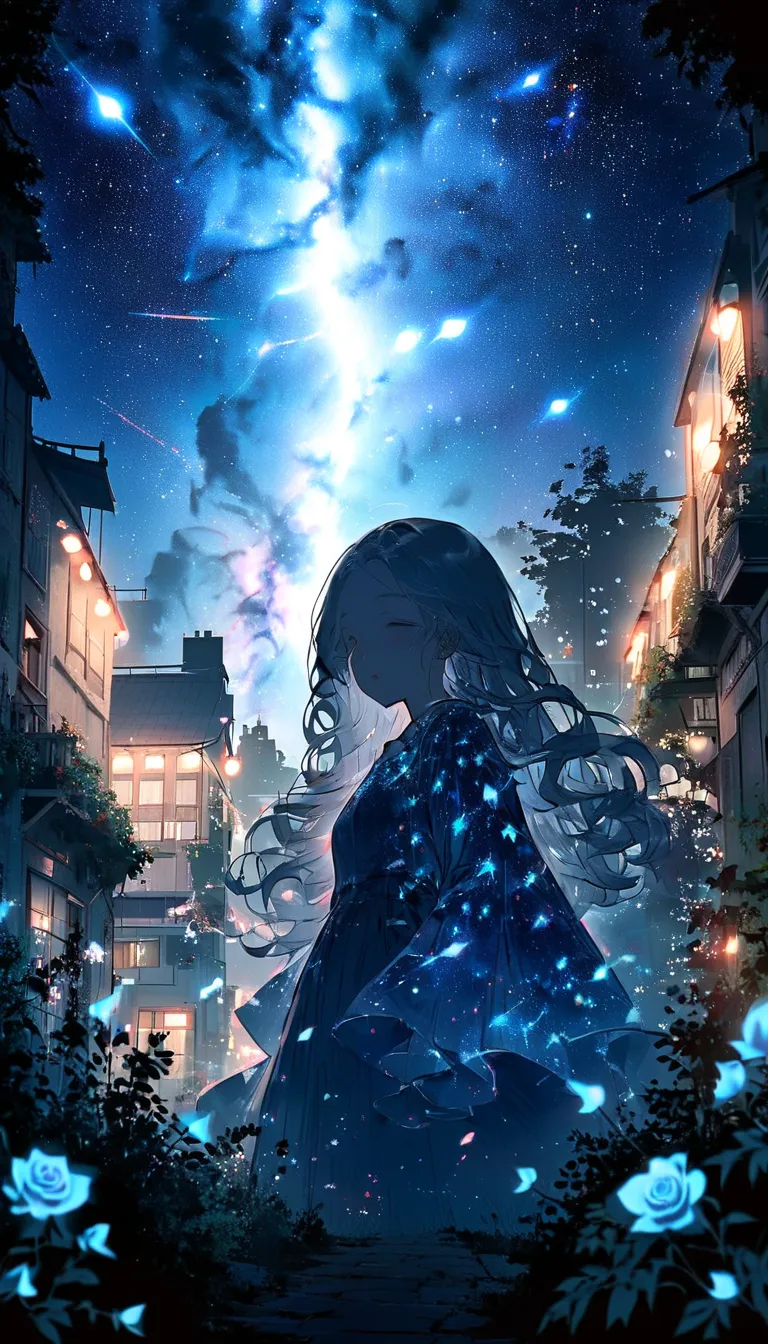 masterpiece, concept art,  panorama,  Vine , shape, wide shot, garden,  night , (meteor),  space galaxy background , (wonderful composition,  epic scale), Dynamic Lighting, bright color,  blue rose ,Landscape Long Lashes, round eyes,  Silver Hair, has half...