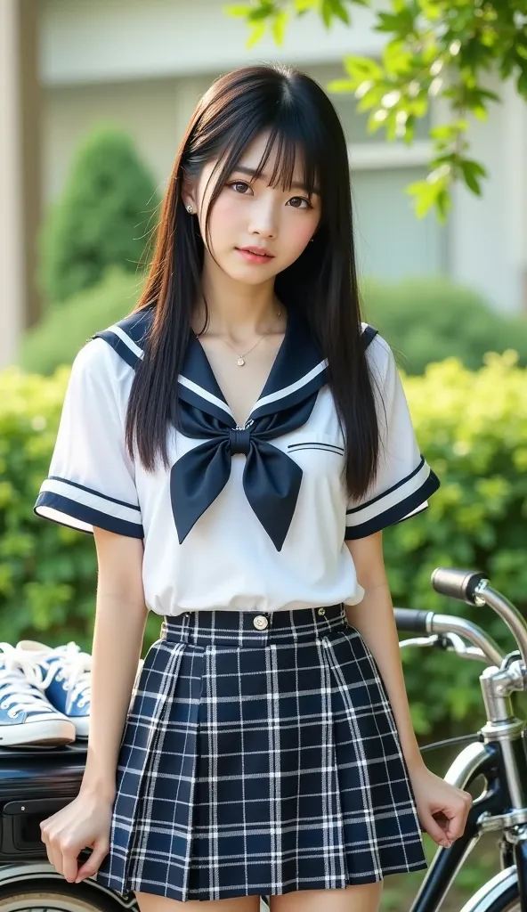  standing beside a bicycle、Japanese woman、long black hair、check mini skirt on the glass on the desk　 Facing Front　HIGH SCHOOL GIRLS　 Proof Photo　Xiaoyan　collarbone visible　shirt　I can see my teeth a little　Looking straight ahead　school uniform　catchy eyes ...