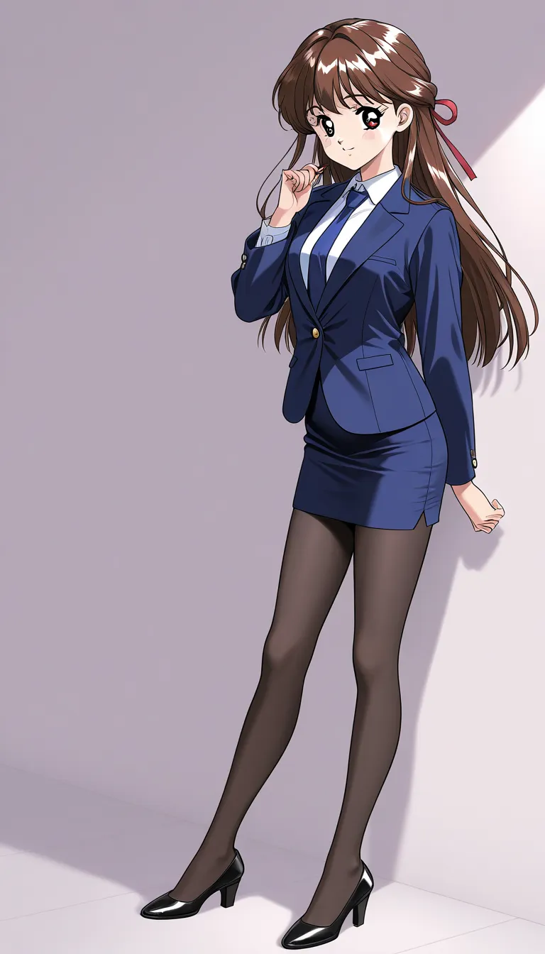  1 girl、solo、long hair、Brown Hair Color、 Red、bungs、1990s(style)、角井綾style、全身style、Medium Bust、black tights,in a suit、navy blue double jacket,collared shirt、white shirt、blue tie,navy blue mini pencil skirt,black tights, Black Heel Pumps 、

