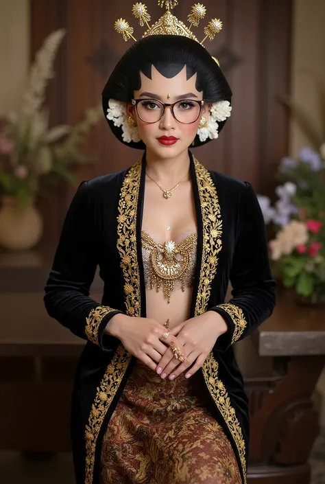 sexy javanese with absolute cleavage and thigh slit wearing glasses showing navel