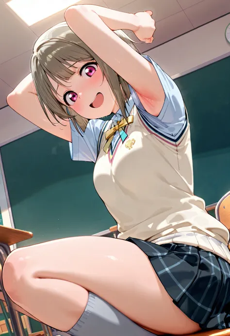 nakasu kasumi, asymmetrical hair, short hair, small breasts, single sidelock,
short sleeves, sweater vest, summer uniform, nijigasaki academy school_uniform,
,BREAK, armpit, arms over head, focus on armpit,
smile, ,scorn,open mouth, (cheerful),looking dow...