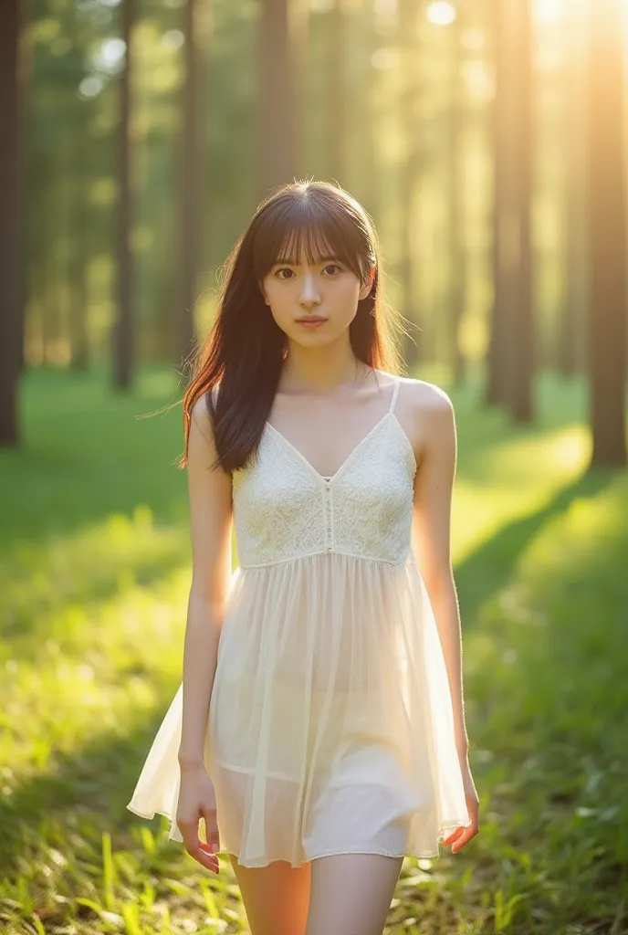 Photorealistic，Ultra high definition，Highest quality，Best Quality，8k，RAW Photos，Super detailed，Ultra-high resolution，(Amazingly cute Japanese real girl)，whole body，1 person，Facing forward，Early morning in the forest，Bright sunlight pours in，Backlight，White...