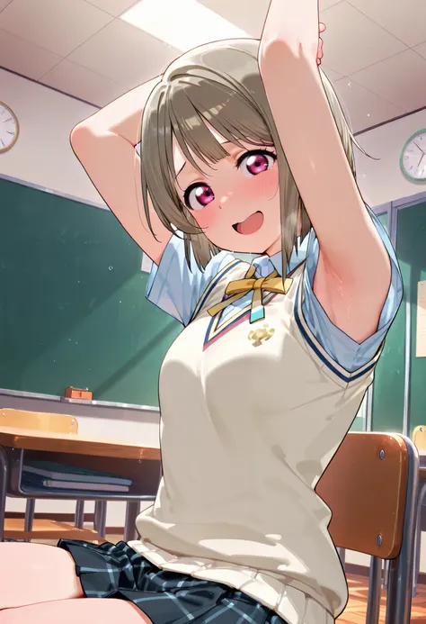 nakasu kasumi, asymmetrical hair, short hair, small breasts, single sidelock,
short sleeves, sweater vest, summer uniform, nijigasaki academy school_uniform,
,BREAK, armpit, arms over head, focus on armpit,
smile, ,scorn,open mouth, (cheerful),looking dow...