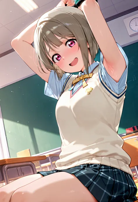 nakasu kasumi, asymmetrical hair, short hair, small breasts, single sidelock,
short sleeves, sweater vest, summer uniform, nijigasaki academy school_uniform,
,BREAK, armpit, arms over head, focus on armpit,
smile, ,scorn,open mouth, (cheerful),looking dow...