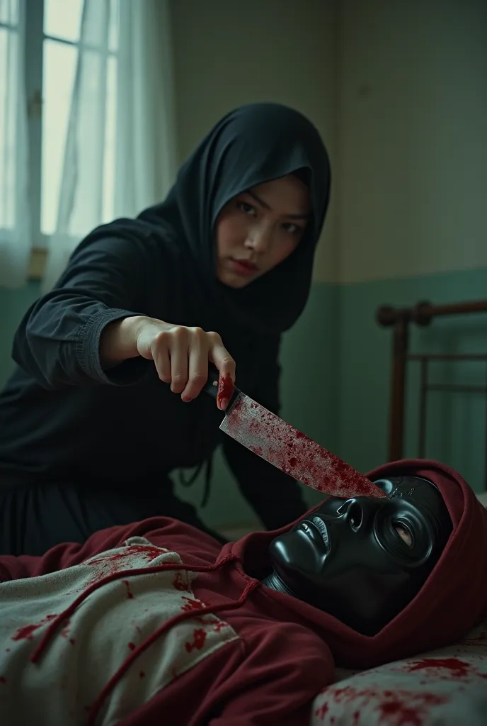 Realistic, a very beautiful asian girl, girl knife, girl cut throat a boy, neck bloody splash, girl killing boy, boy full face mask, boy hoodie, house, girl hijab