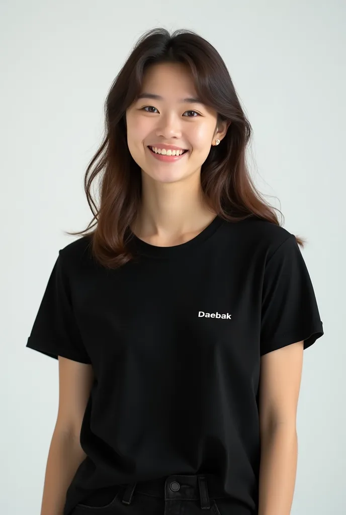 "A young Caucasian woman with a slightly content expression, standing in a professional photography studio with a completely white background. She is wearing a black t-shirt with the small text 'Daebak' printed on it. She is positioned facing forward, capt...