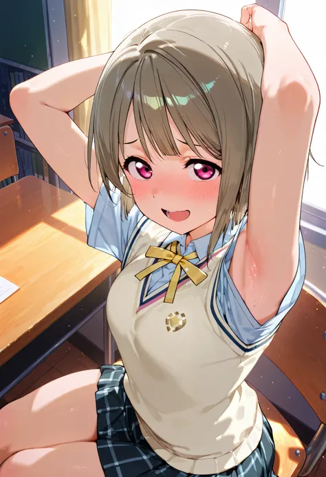 nakasu kasumi, asymmetrical hair, short hair, small breasts, single sidelock,
short sleeves, sweater vest, summer uniform, nijigasaki academy school_uniform,
,BREAK, armpit, arms over head, focus on armpit,
smile, ,scorn,open mouth, (cheerful),looking dow...