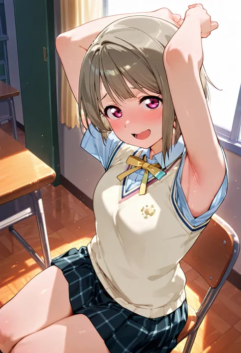nakasu kasumi, asymmetrical hair, short hair, small breasts, single sidelock,
short sleeves, sweater vest, summer uniform, nijigasaki academy school_uniform,
,BREAK, armpit, arms over head, focus on armpit,
smile, ,scorn,open mouth, (cheerful),looking dow...