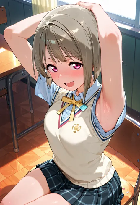 nakasu kasumi, asymmetrical hair, short hair, small breasts, single sidelock,
short sleeves, sweater vest, summer uniform, nijigasaki academy school_uniform,
,BREAK, armpit, arms over head, focus on armpit,
smile, ,scorn,open mouth, (cheerful),looking dow...