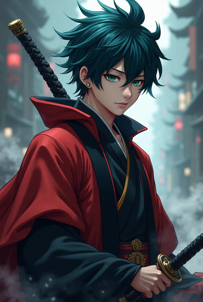 Demon Slayer anime. Hashira is a seventeen-year-old young man with black hair and a dark blue-green bang, a sharp gaze, and deep green eyes. He wears a Demon Slayer uniform, a crimson haori trimmed in black, and holds a sword.