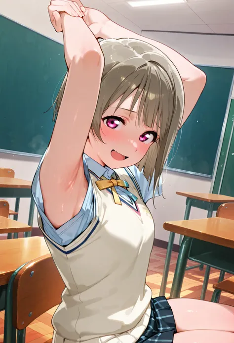 nakasu kasumi, asymmetrical hair, short hair, small breasts, single sidelock,
short sleeves, sweater vest, summer uniform, nijigasaki academy school_uniform,
,BREAK, armpit, arms over head, focus on armpit,
smile, ,scorn,open mouth, (cheerful),looking dow...