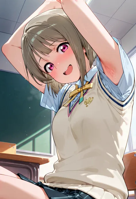 nakasu kasumi, asymmetrical hair, short hair, small breasts, single sidelock,
short sleeves, sweater vest, summer uniform, nijigasaki academy school_uniform,
,BREAK, armpit, arms over head, focus on armpit,
smile, ,scorn,open mouth, (cheerful),looking dow...