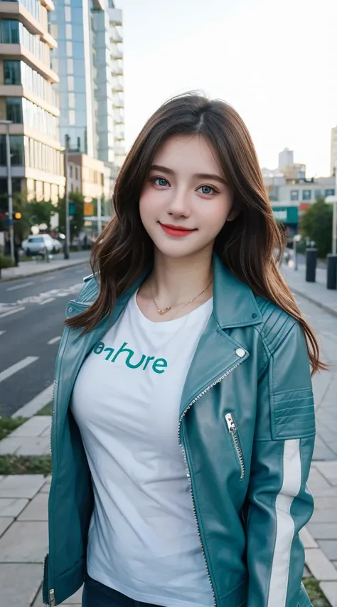 Gorgeus Girl, Beautiful, Baby Face, 20 Years Old, White Skin, Beside, Sexy Pose, white t-shirt with brand green "D&A", Blue Eye, Bokeh, city Background, Masterpiece, asking for a hug, full body Shot, open arms, Leather Jacket Long Sleeve Zipper, smile