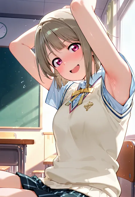 nakasu kasumi, asymmetrical hair, short hair, small breasts, single sidelock,
short sleeves, sweater vest, summer uniform, nijigasaki academy school_uniform,
,BREAK, armpit, arms over head, focus on armpit,
smile, ,scorn,open mouth, (cheerful),looking dow...