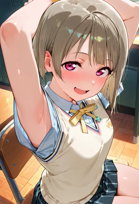 nakasu kasumi, asymmetrical hair, short hair, small breasts, single sidelock,
short sleeves, sweater vest, summer uniform, nijigasaki academy school_uniform,
,BREAK, armpit, arms over head, focus on armpit,
smile, ,scorn,open mouth, (cheerful),looking dow...