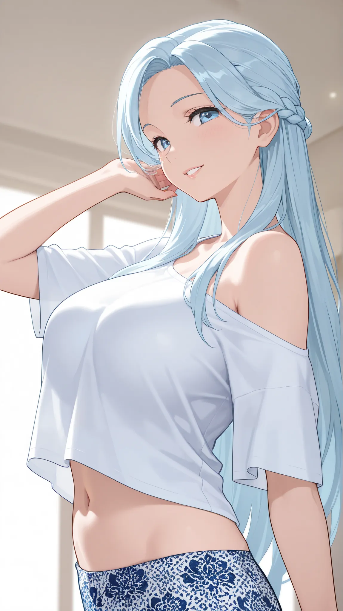 mature female, housewife, blue hair, blue eye, very long hair, straight hair, half updo braid, looking at viewer, smile, light silver blue colour over size t-shirt, un dress, bare shoulder, milf, printed costum, navel, soft light, high detailed, best quali...