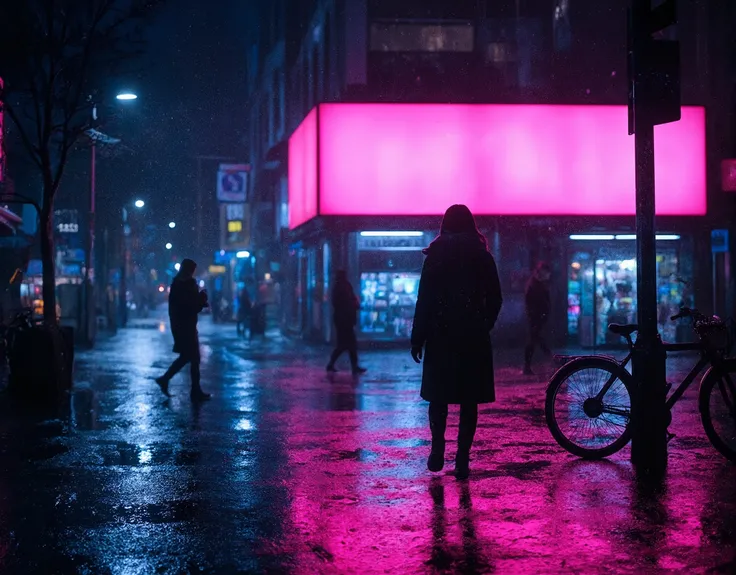 Cinematic photography, eye-level view of a rainy urban street at night, wet pavement reflecting the vibrant pink neon glow of a digital billboard. In the foreground, the silhouette of a woman wearing winter clothing stands out, her coat and scarf slightly ...