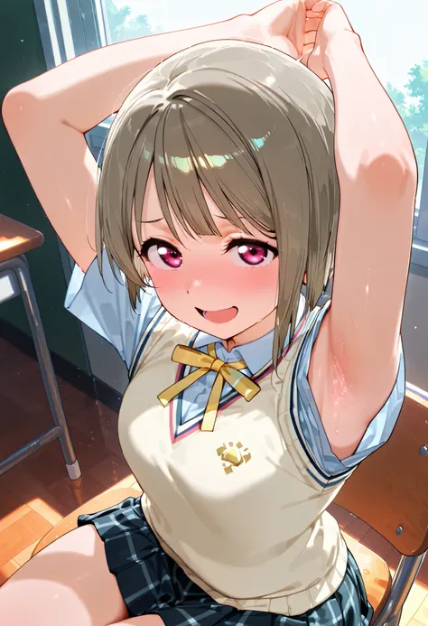nakasu kasumi, asymmetrical hair, short hair, small breasts, single sidelock,
short sleeves, sweater vest, summer uniform, nijigasaki academy school_uniform,
,BREAK, armpit, arms over head, focus on armpit,
smile, ,scorn,open mouth, (cheerful),looking dow...