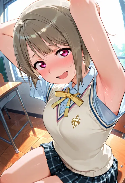 nakasu kasumi, asymmetrical hair, short hair, small breasts, single sidelock,
short sleeves, sweater vest, summer uniform, nijigasaki academy school_uniform,
,BREAK, armpit, arms over head, focus on armpit,
smile, ,scorn,open mouth, (cheerful),looking dow...