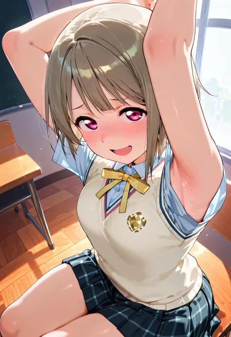 nakasu kasumi, asymmetrical hair, short hair, small breasts, single sidelock,
short sleeves, sweater vest, summer uniform, nijigasaki academy school_uniform,
,BREAK, armpit, arms over head, focus on armpit,
smile, ,scorn,open mouth, (cheerful),looking dow...