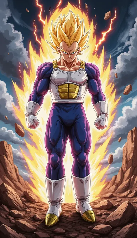 Vegeta, 18 years old and handsome, stands in mid-air with his body angled in a confident and cool pose. His figure is slightly turned, showcasing his muscular build and readiness for battle. His sharp blue eyes are filled with intense anger and focus as he...