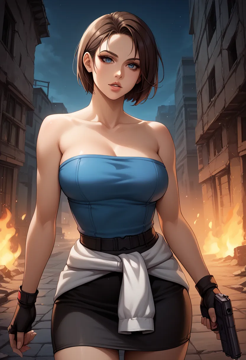 score_9, score_8_up, score_7_up, score_6_up, source_anime, BREAK masterpiece,   . JillRE3, brown hair, bob cut, short hair, bare shoulders,  pencil skirt, clothes around waist, fingerless gloves,  tube top, breasts, best quality, city, night, ruins, parted...