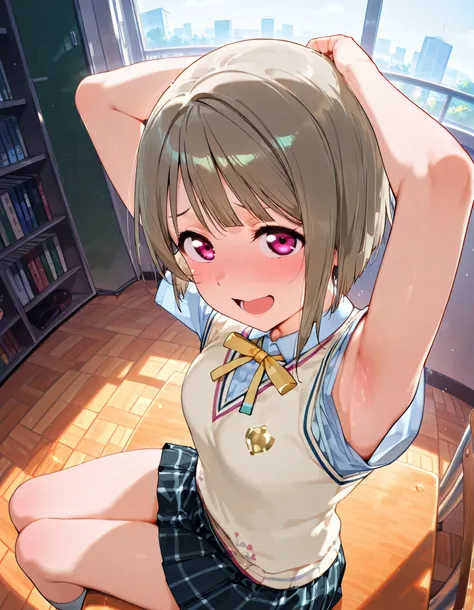 nakasu kasumi, asymmetrical hair, short hair, small breasts, single sidelock,
short sleeves, sweater vest, summer uniform, nijigasaki academy school_uniform,
,BREAK, armpit, arms over head, focus on armpit,
smile, ,scorn,open mouth, (cheerful),looking dow...