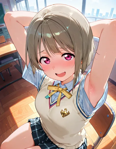 nakasu kasumi, asymmetrical hair, short hair, small breasts, single sidelock,
short sleeves, sweater vest, summer uniform, nijigasaki academy school_uniform,
,BREAK, armpit, arms over head, focus on armpit,
smile, ,scorn,open mouth, (cheerful),looking dow...