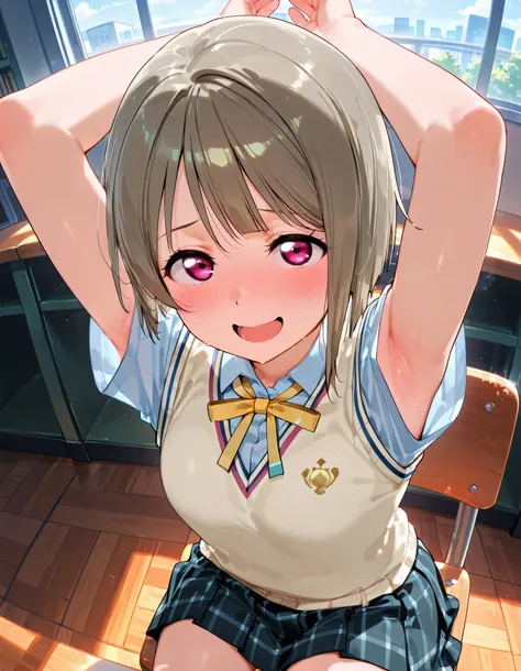 nakasu kasumi, asymmetrical hair, short hair, small breasts, single sidelock,
short sleeves, sweater vest, summer uniform, nijigasaki academy school_uniform,
,BREAK, armpit, arms over head, focus on armpit,
smile, ,scorn,open mouth, (cheerful),looking dow...