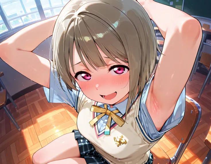 nakasu kasumi, asymmetrical hair, short hair, small breasts, single sidelock,
short sleeves, sweater vest, summer uniform, nijigasaki academy school_uniform,
,BREAK, armpit, arms over head, focus on armpit,
smile, ,scorn,open mouth, (cheerful),looking dow...