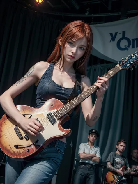 awesome beautiful energic alternative tattooed redhead punk girl playing guitar in a concert scenery  wearing a Stunning short lowweist blue jeans and a top, beautiful, Incredibly realistic shapes and textures. Excessive details,, best quality, 12K, high d...