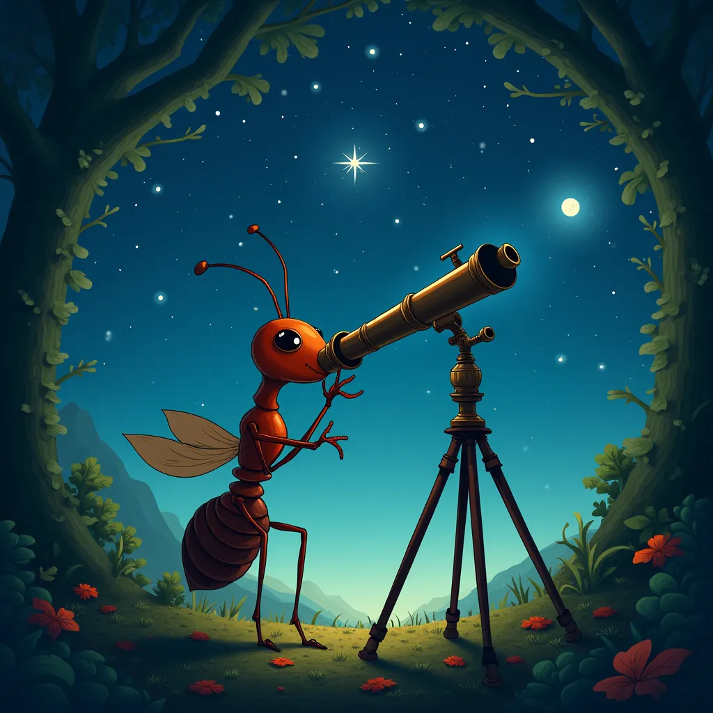 Ant looking in telescope to see galaxy in sky