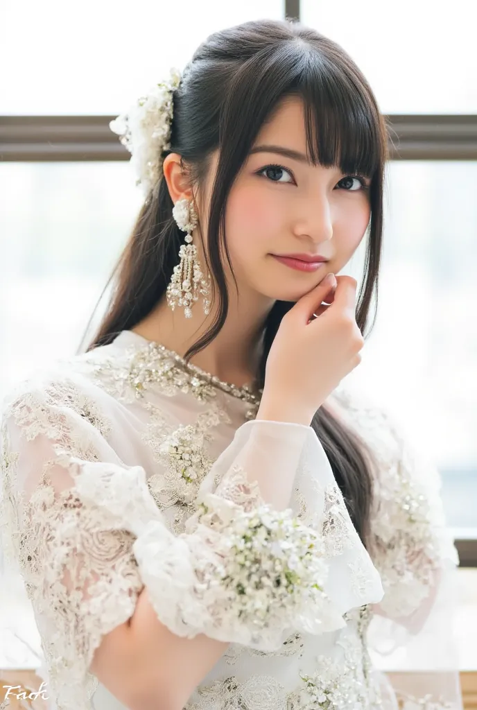 looking cute as a bride, bridal dress, bridal gown, tiara, glamorous makeup, bright red lipstick, large dangling earrings, amamiya sora