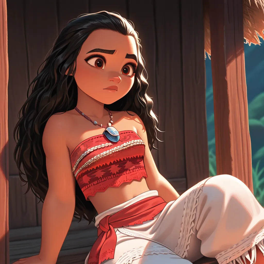 masterpiece, amazing quality, best quality, DMoana, 1girl, black hair, long hair, brown eyes, crop top, baggy pants